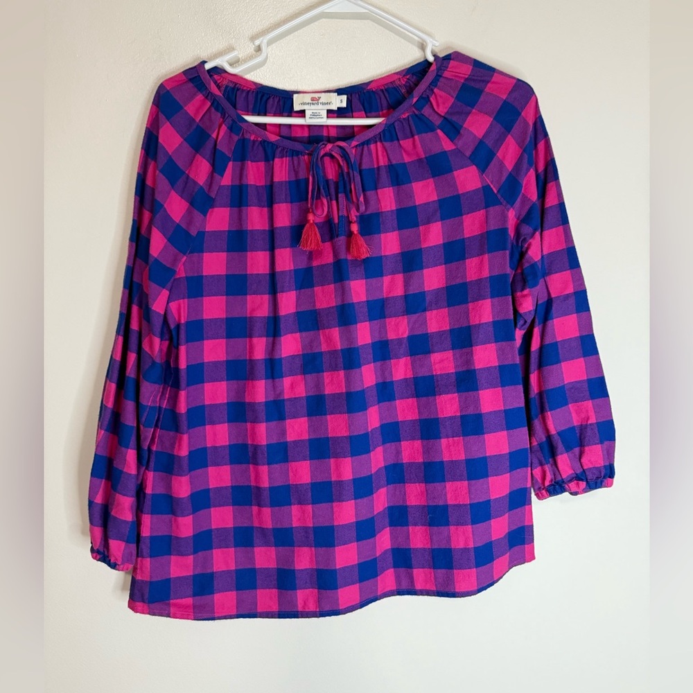 Vineyard Vines Women’s Pink & navy Plaid Tie-Neck Peasant Top cotton size Small